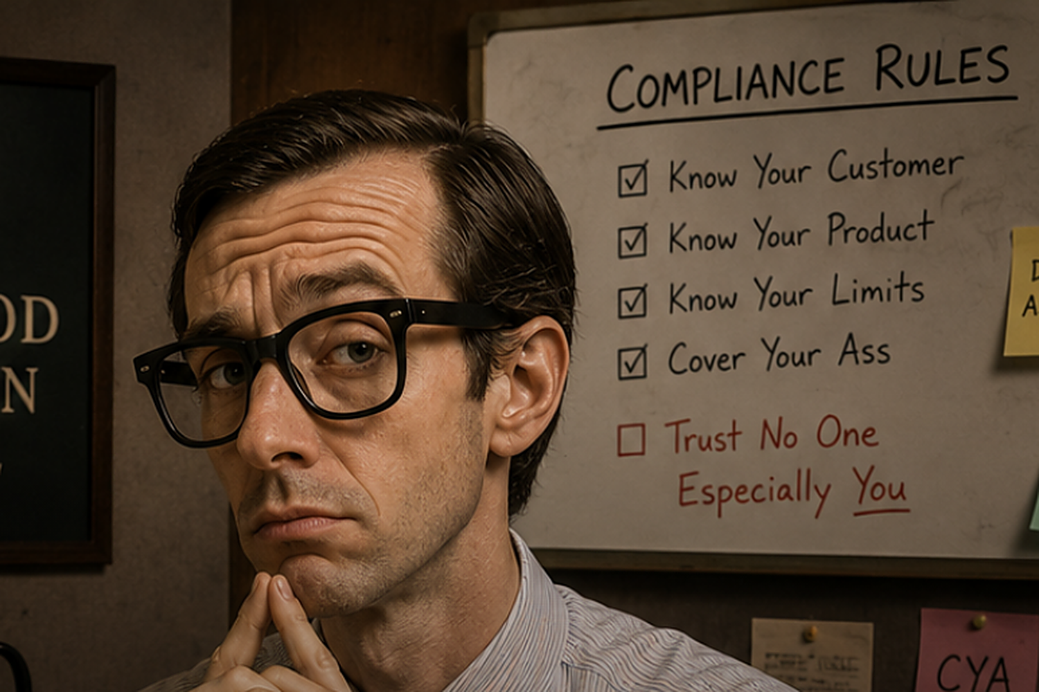 Compliance Charlie's desk — the nine-point checklist, the day's order log, and an empty strike ledger