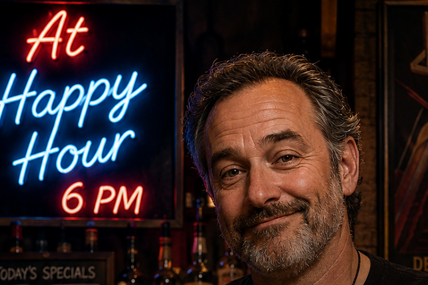 Sam the Bartender behind his bar — neon At Happy Hour 6 PM sign glowing, market-volatility specials board, and a Judas Priest Defenders of the Faith poster